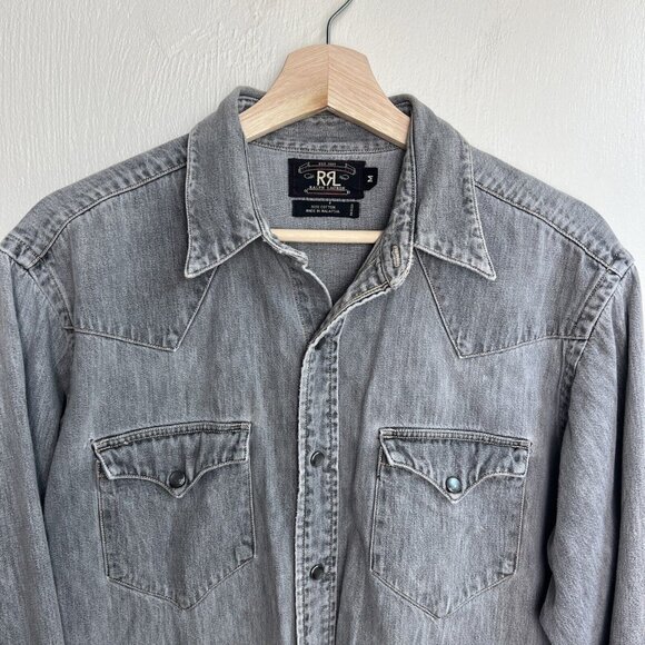Vintage RRL Ralph Lauren Mens Gray Western Denim Shirt Size Medium Pearl Snap - Picture 4 of 16